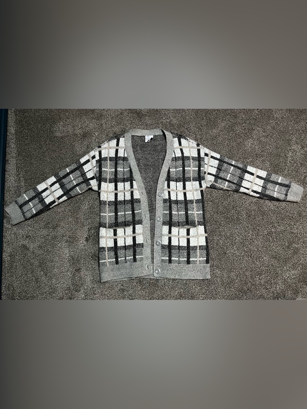 Cyrus Plaid V-Neck Cardigan Sweater with Buttons | Cozy Oversized Knit | Neutral